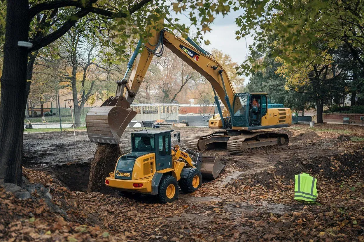 Yellow excavator and loader moving dirt at a wooded construction site, with a worker in a safety vest nearby