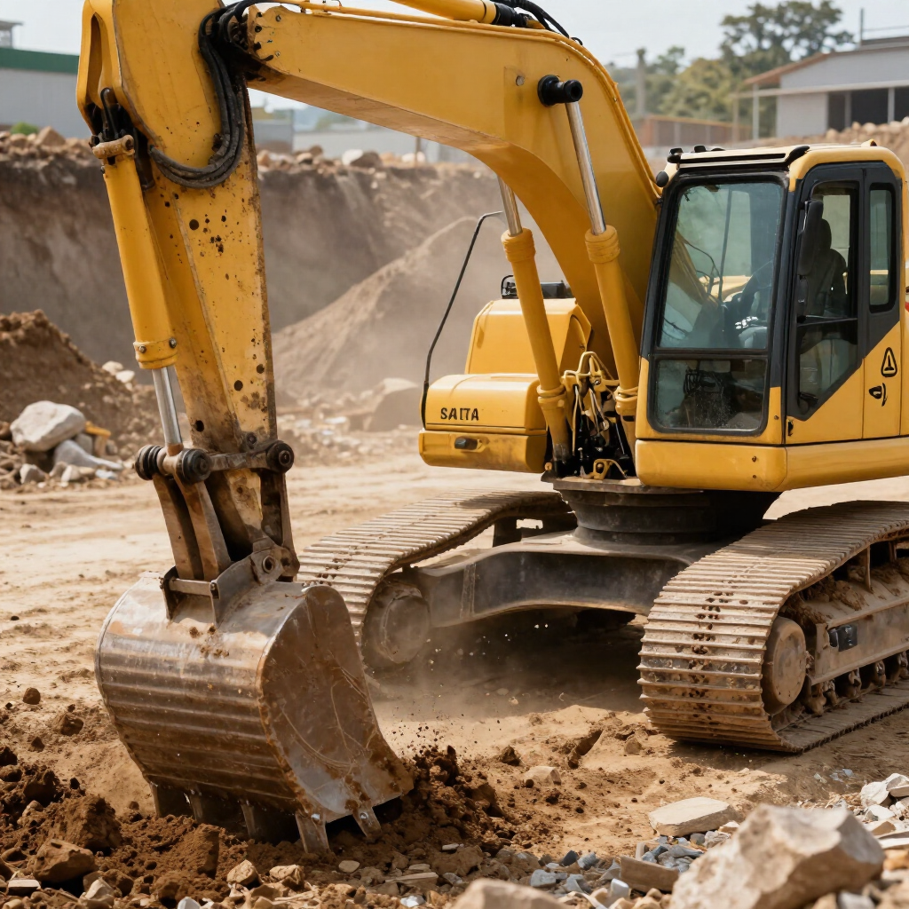 Yellow excavator digging dirt at a construction site with dust and rocks.