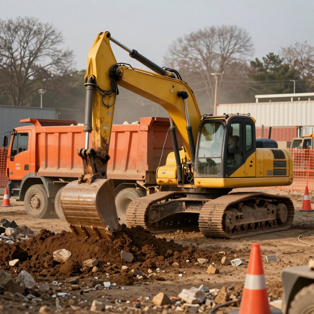 Yellow excavator at a construction site beside a dump truck and orange cone
