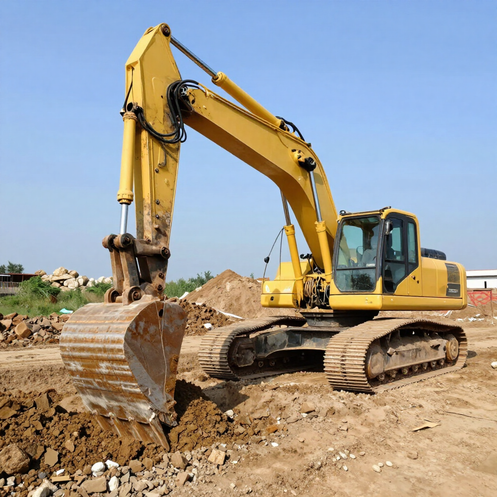 Yellow excavator digging dirt at a construction site under a clear blue sky