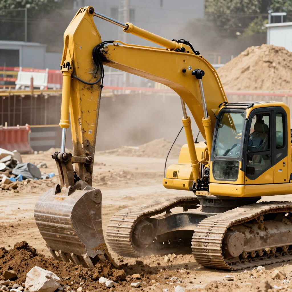 Yellow excavator at a construction site, digging soil amid dust and debris.