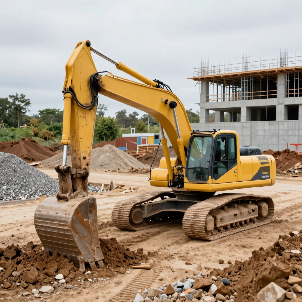 Yellow excavator on a construction site beside a partially built concrete building and piles of dirt