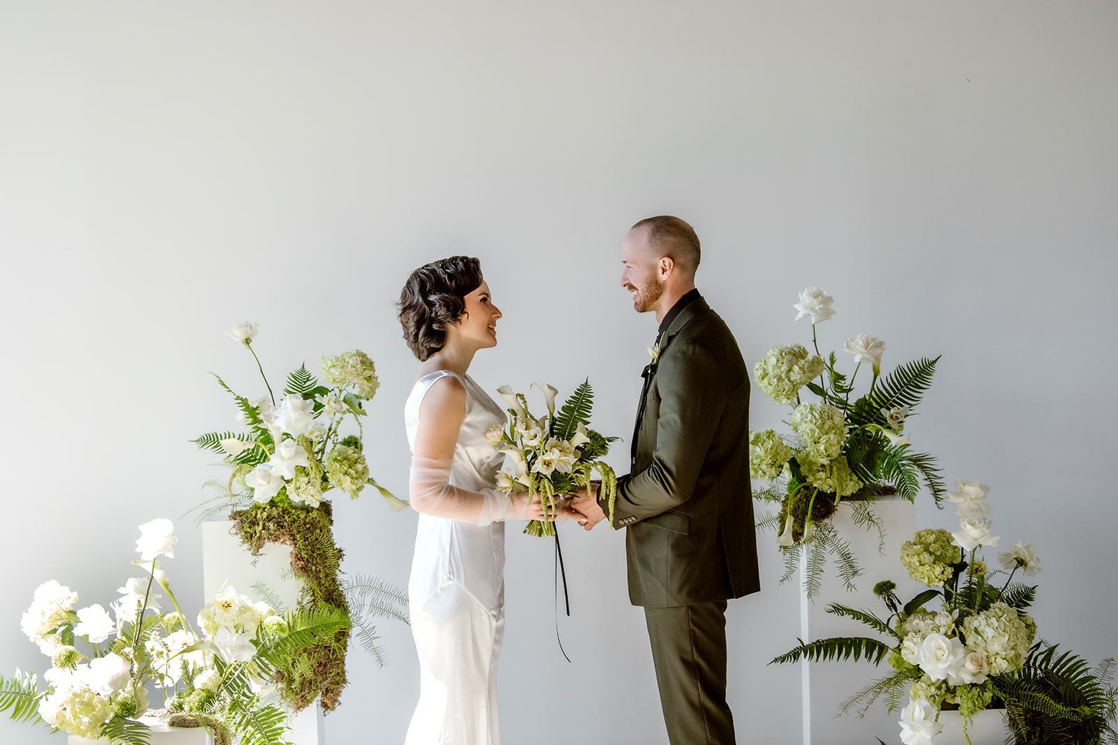 Bride and groom posing for styled shoot at Bestow Events in Longmont, CO.