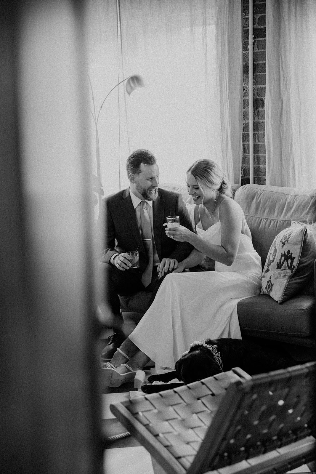 Black and white photo of couple enjoying their reception at Bestow Events in Longmont, CO.