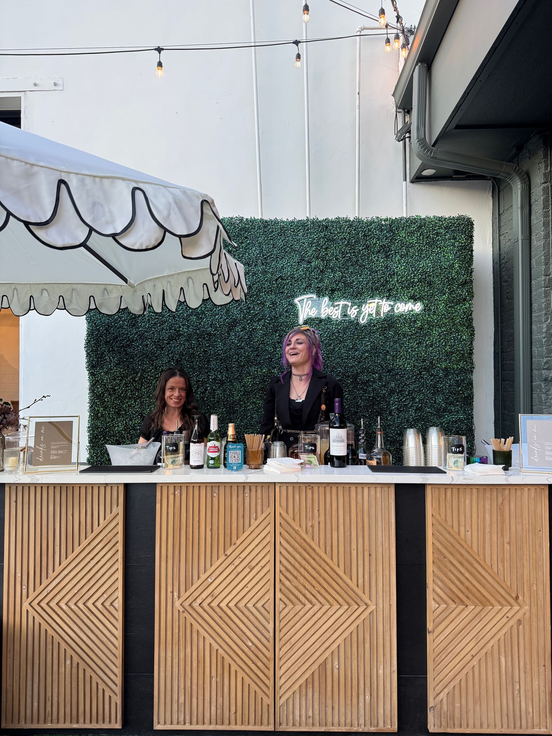 Bar set up in outdoor patio of Bestow Events in Longmont, Colorado.
