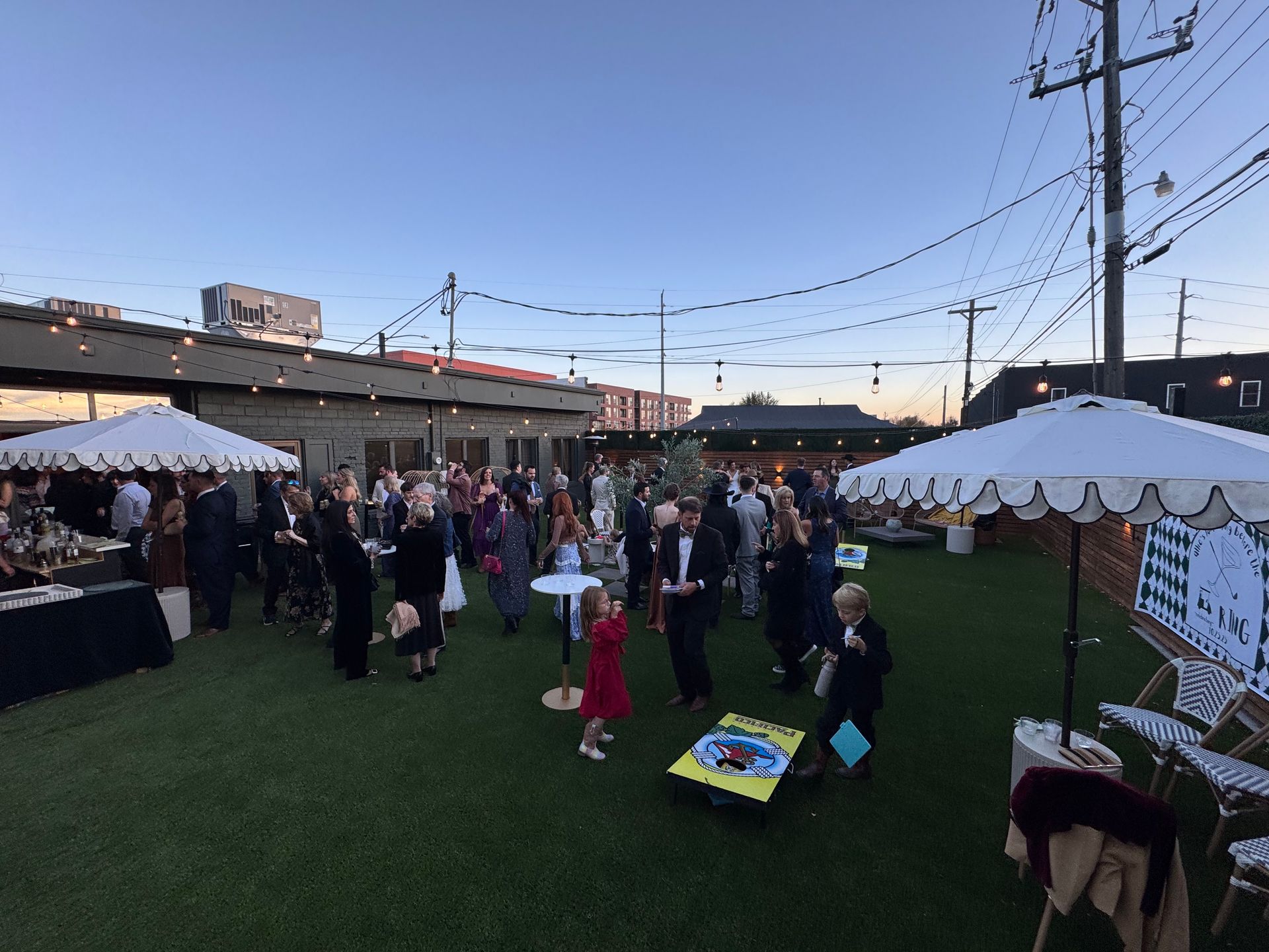 Wedding reception in outdoor patio at Bestow Events in Longmont, Colorado.