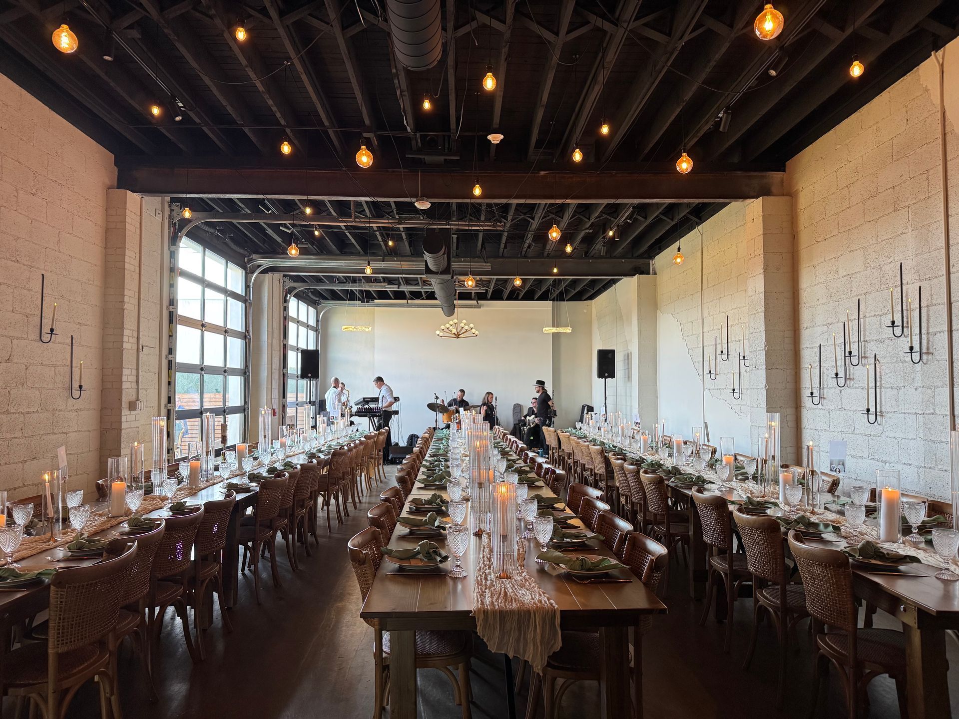 Tables set for wedding reception at Bestow Events in Longmont, CO.