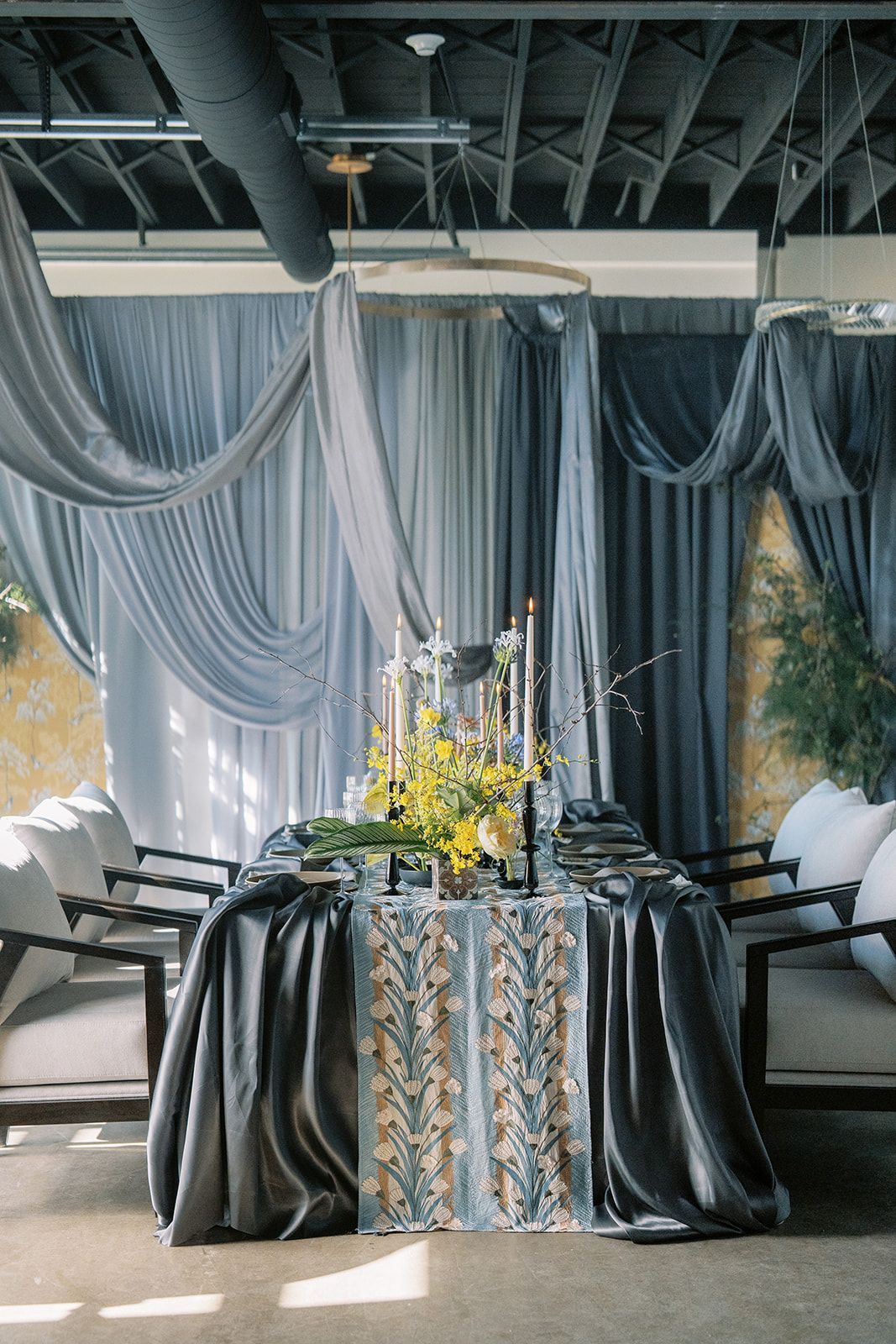 Full tablescape decor with florals, candles and draping at Bestow Events near Boulder, CO.