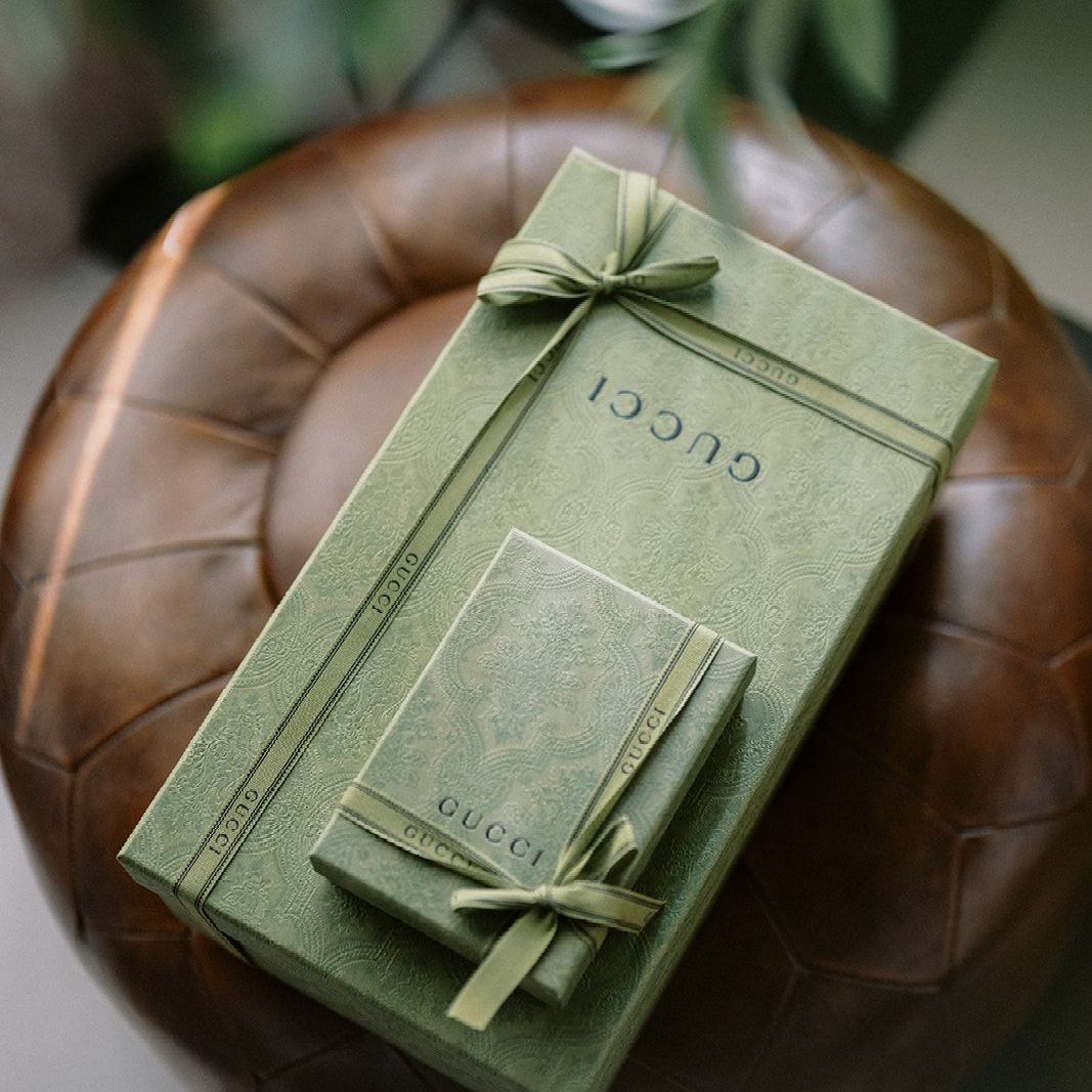 Green Gucci gift boxes at Bestow Events in Longmont, Colorado.