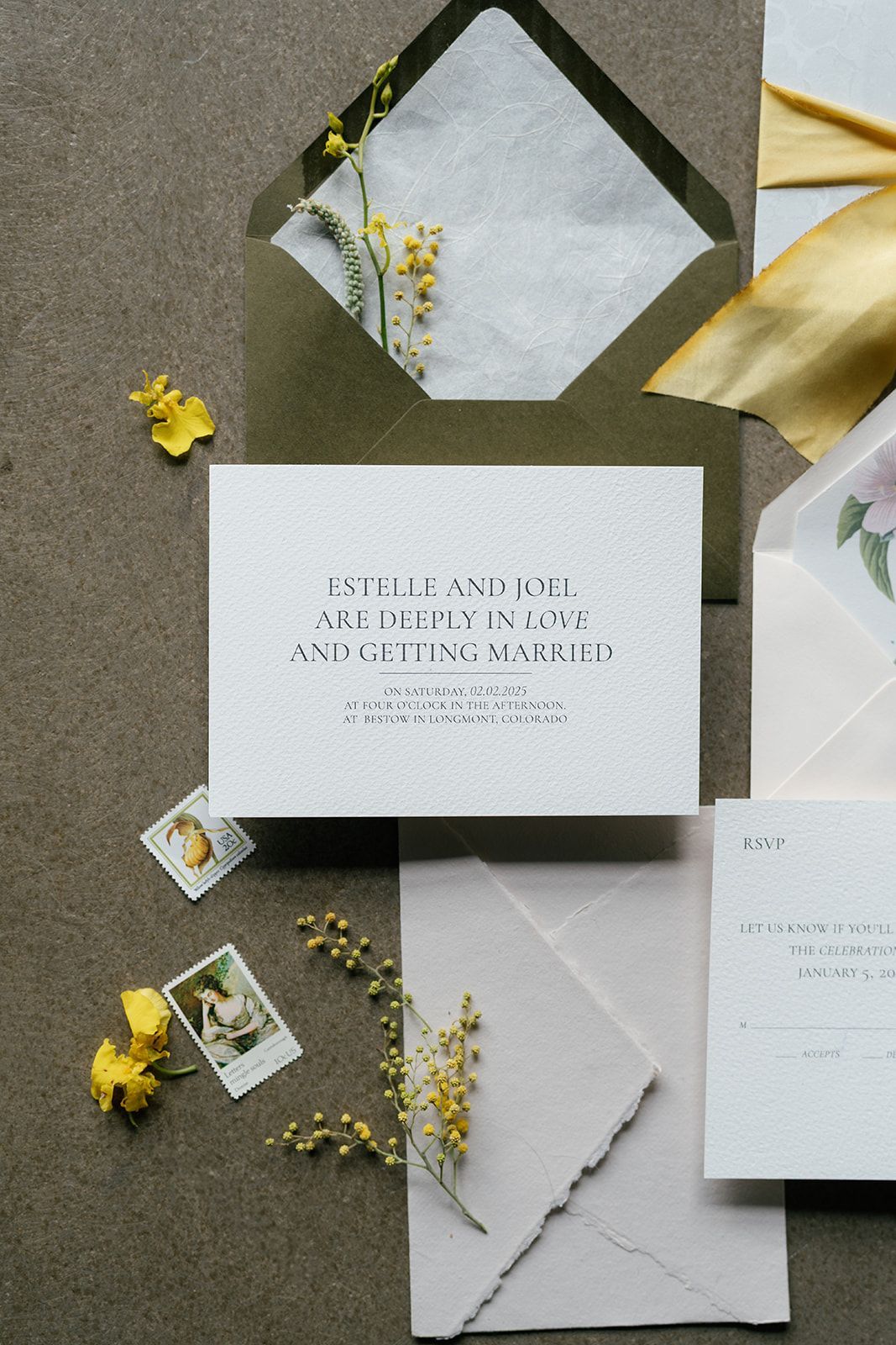 Yellow flat lay display at Bestow Events in Longmont, CO.