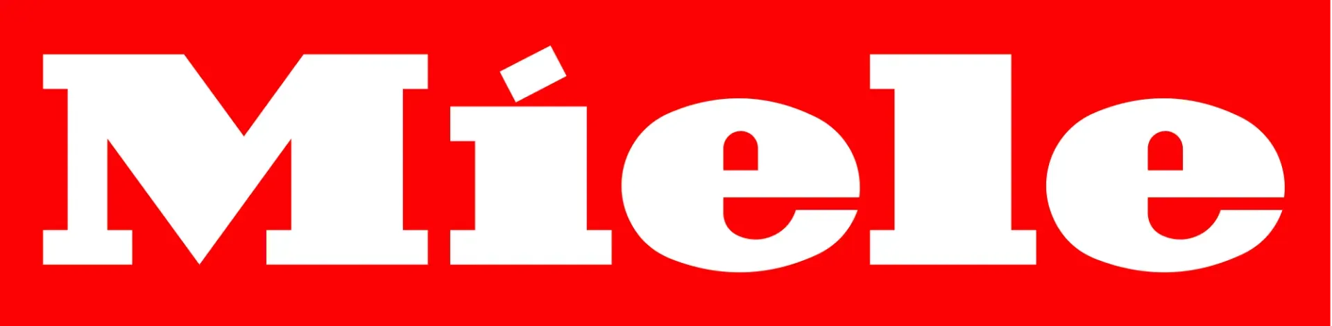 Miele logo on a red background, white text.