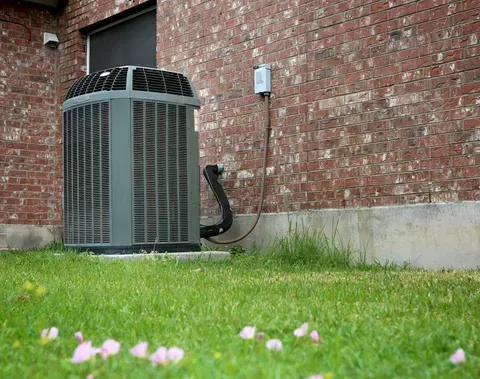 An air conditioning unit sits on a concrete pad next to a brick wall, surrounded by grass.