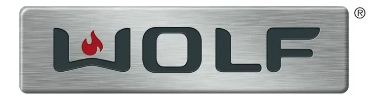 Wolf brand logo in a silver rectangle, with the word "WOLF" in dark gray and a red flame in the "W".