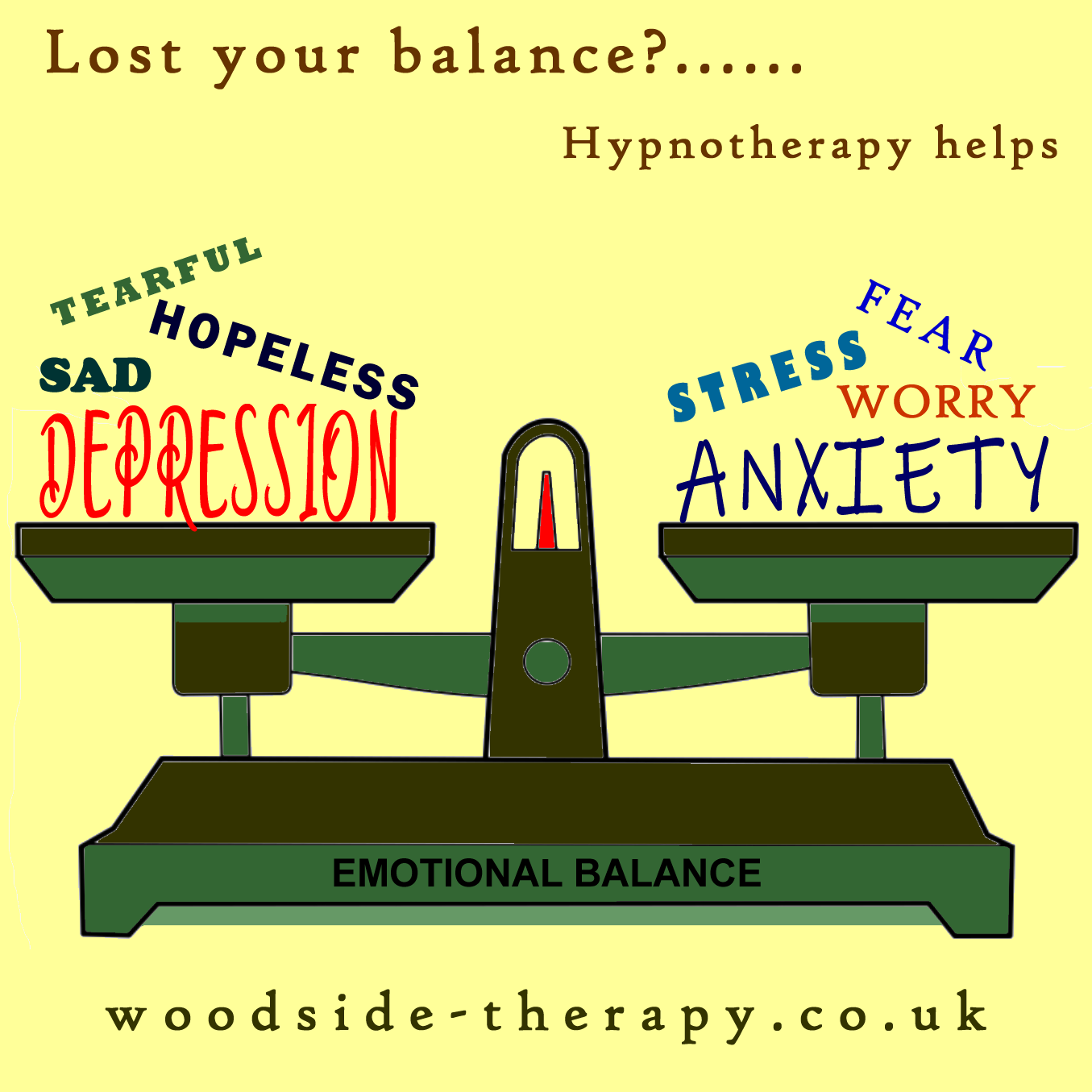 A picture depicting Scales and the text Lost your balance? Hypnotherapy helps - The Woodside Practice