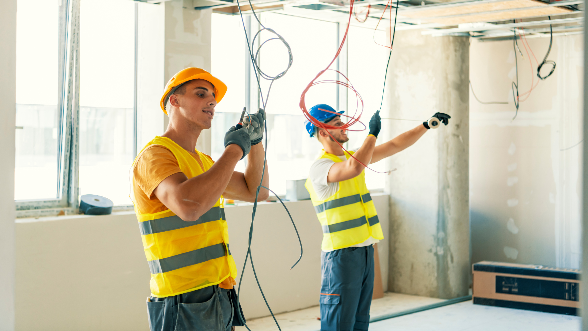 Two construction workers are working on the ceiling of a building.