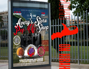 A billboard for a store called avery 's store pop up shop