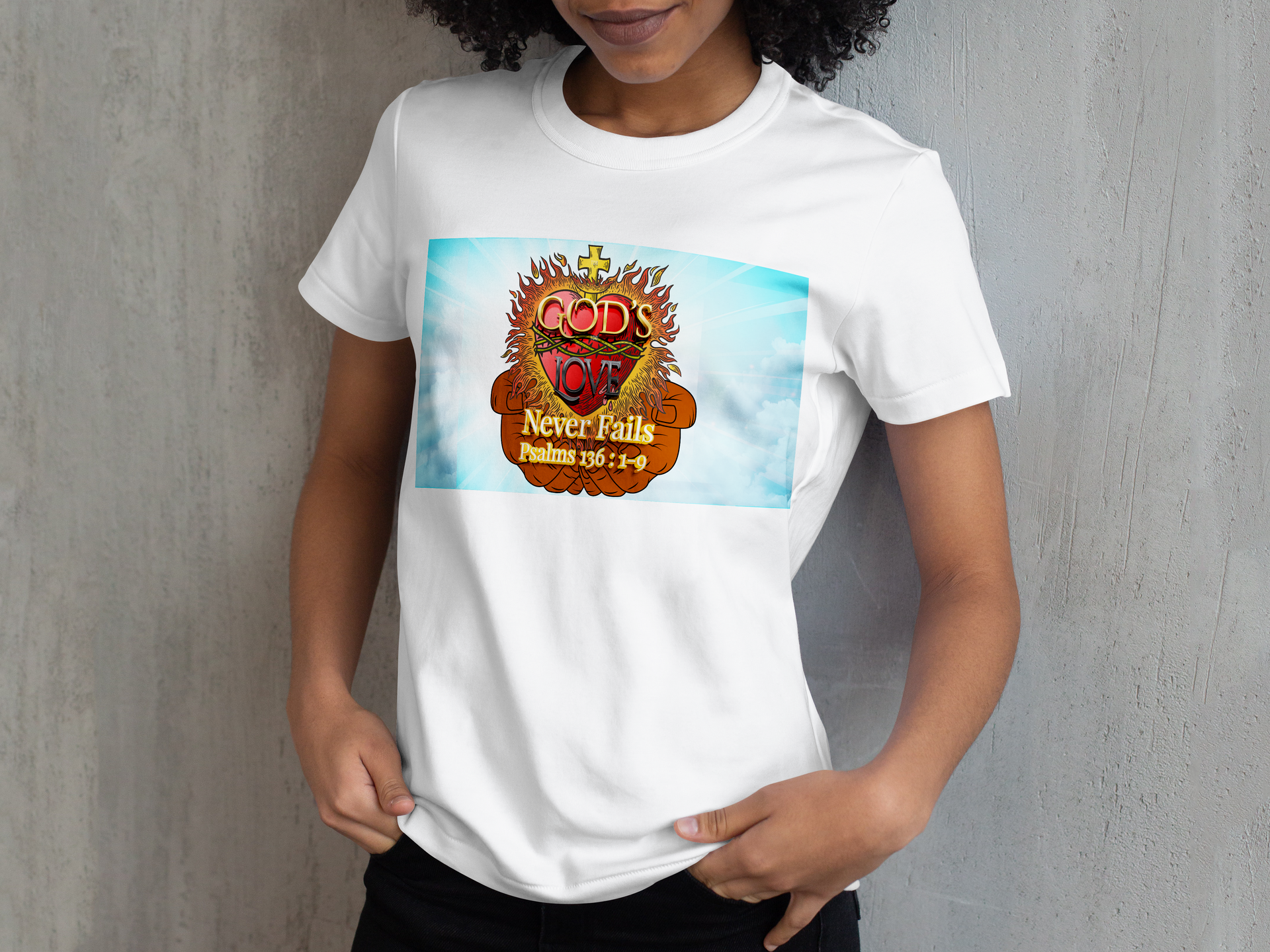 A woman wearing a white t-shirt with a picture of a heart on it