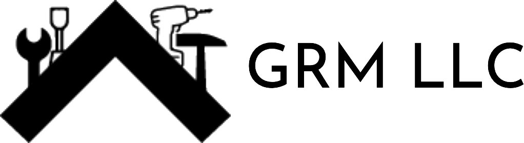 Logo for GRM LLC featuring a roof silhouette containing tools next to the company name in black text.