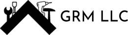Logo for GRM LLC featuring a roof silhouette containing tools next to the company name in black text.