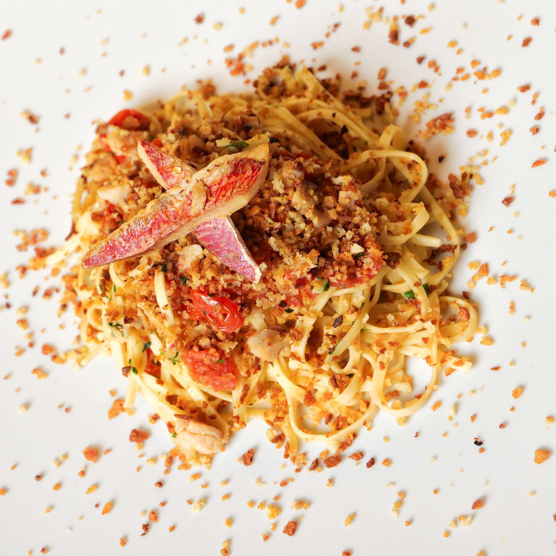 Pasta al sugo di pomodoro, con panatura croccante e briciole sparse su un piatto bianco.
