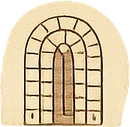 Porta ad arco con contorno in mattoni su sfondo beige.