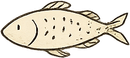 Semplice illustrazione a cartone animato di un pesce, di colore marrone chiaro con macchie e pinne nere, rivolto a sinistra.