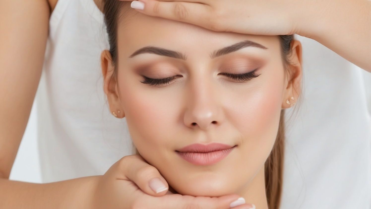 A woman is getting a head massage with her eyes closed