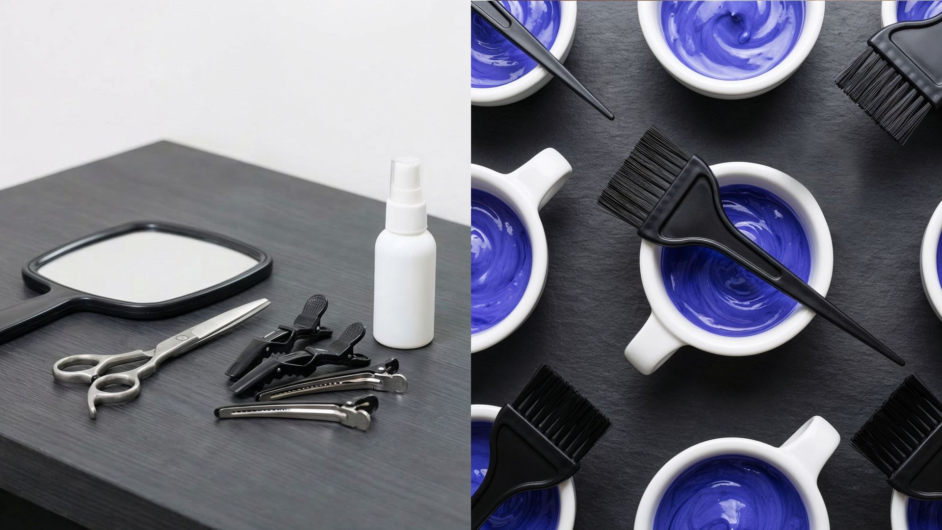 Hair styling tools: scissors, mirror, clips, spray bottle on a table, and bowls of purple dye with brushes.