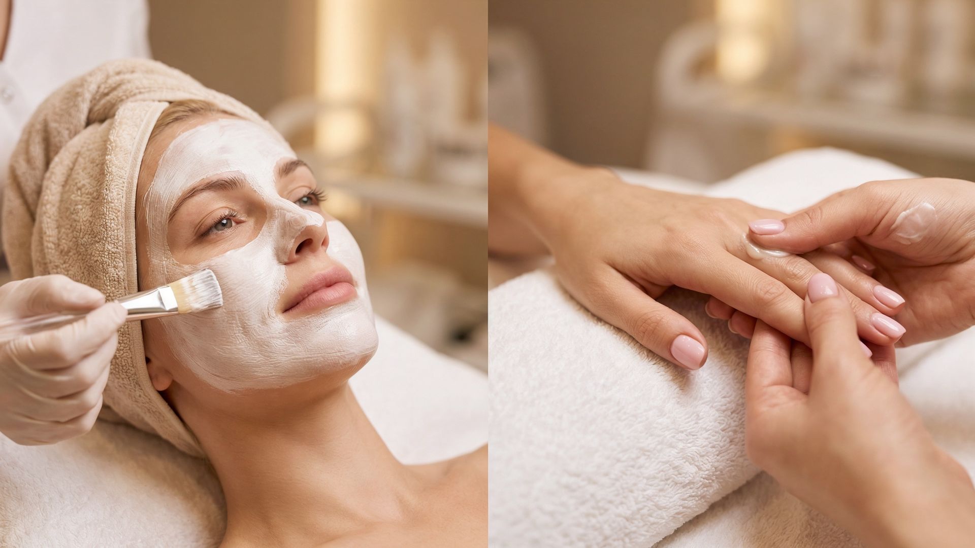 Woman receiving facial treatment and hand massage in a spa.