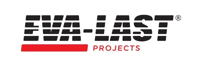 The Eva-Last Projects logo, featuring black, horizontally striped lettering with a red bar and text below it.