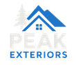 Logo for Peak Exteriors featuring a blue roof icon next to a light gray pine tree above the text in blue and gray.