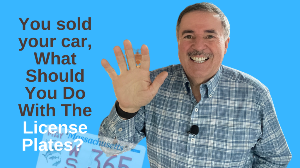 Man smiling and waving beside text asking, “You sold your car, what should you do with license plates?”