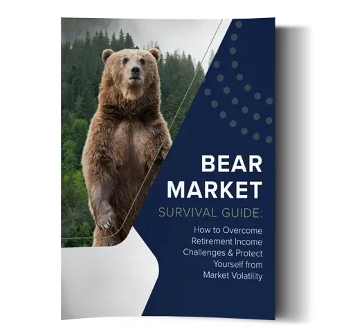 Bear standing beside a blue cover titled “Bear Market Survival Guide”