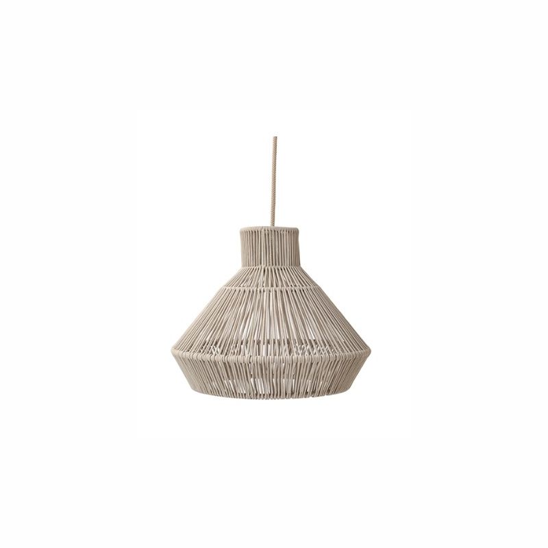Luminária pendente de corda bege com cúpula cônica pendurada em um fio branco.