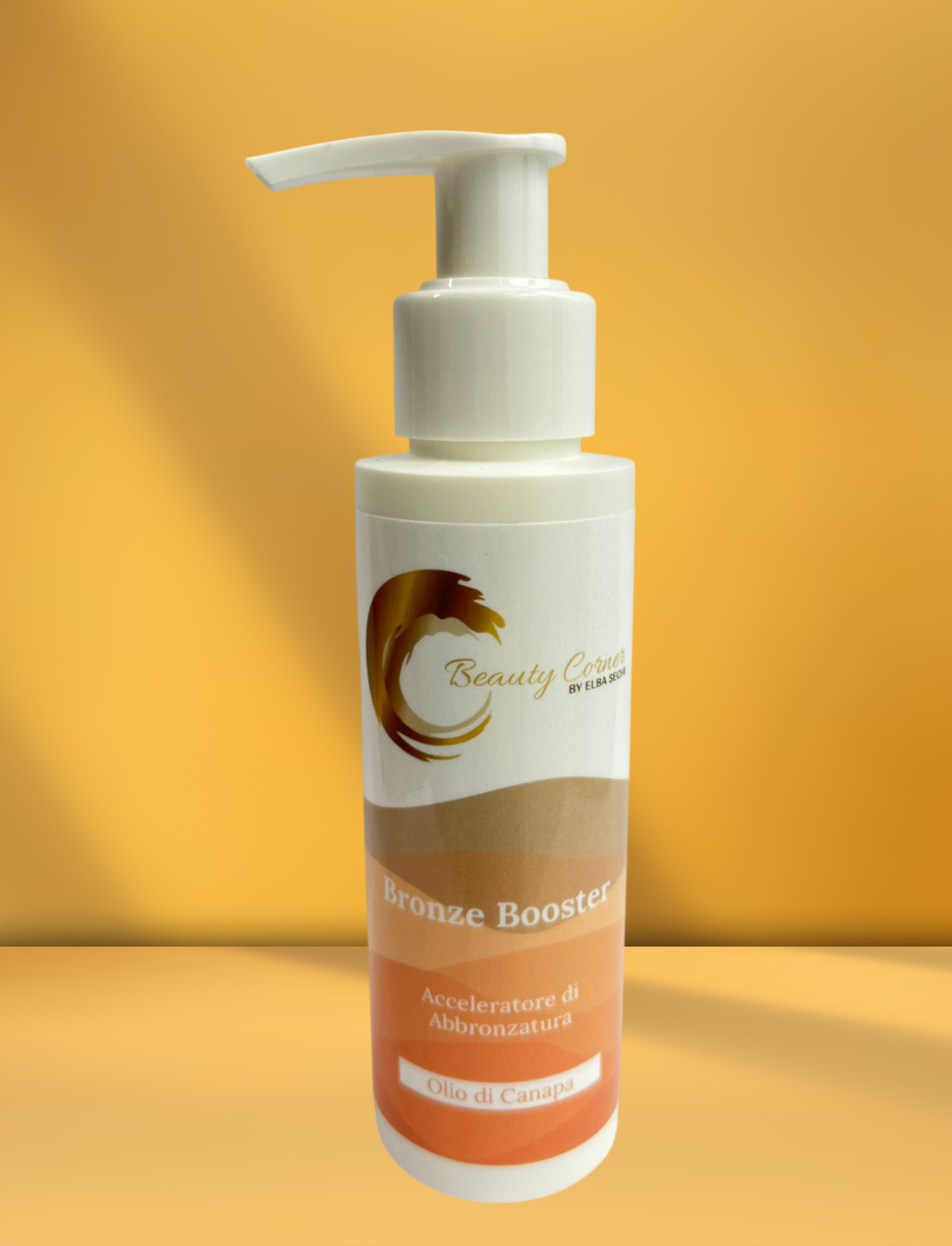 Flacone bianco con pompa e etichetta marrone e arancione, recante la scritta