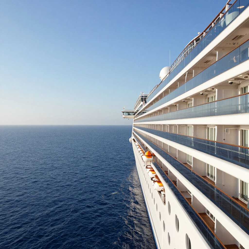 Cruise ship deck overlooking a calm blue ocean under a clear sky
