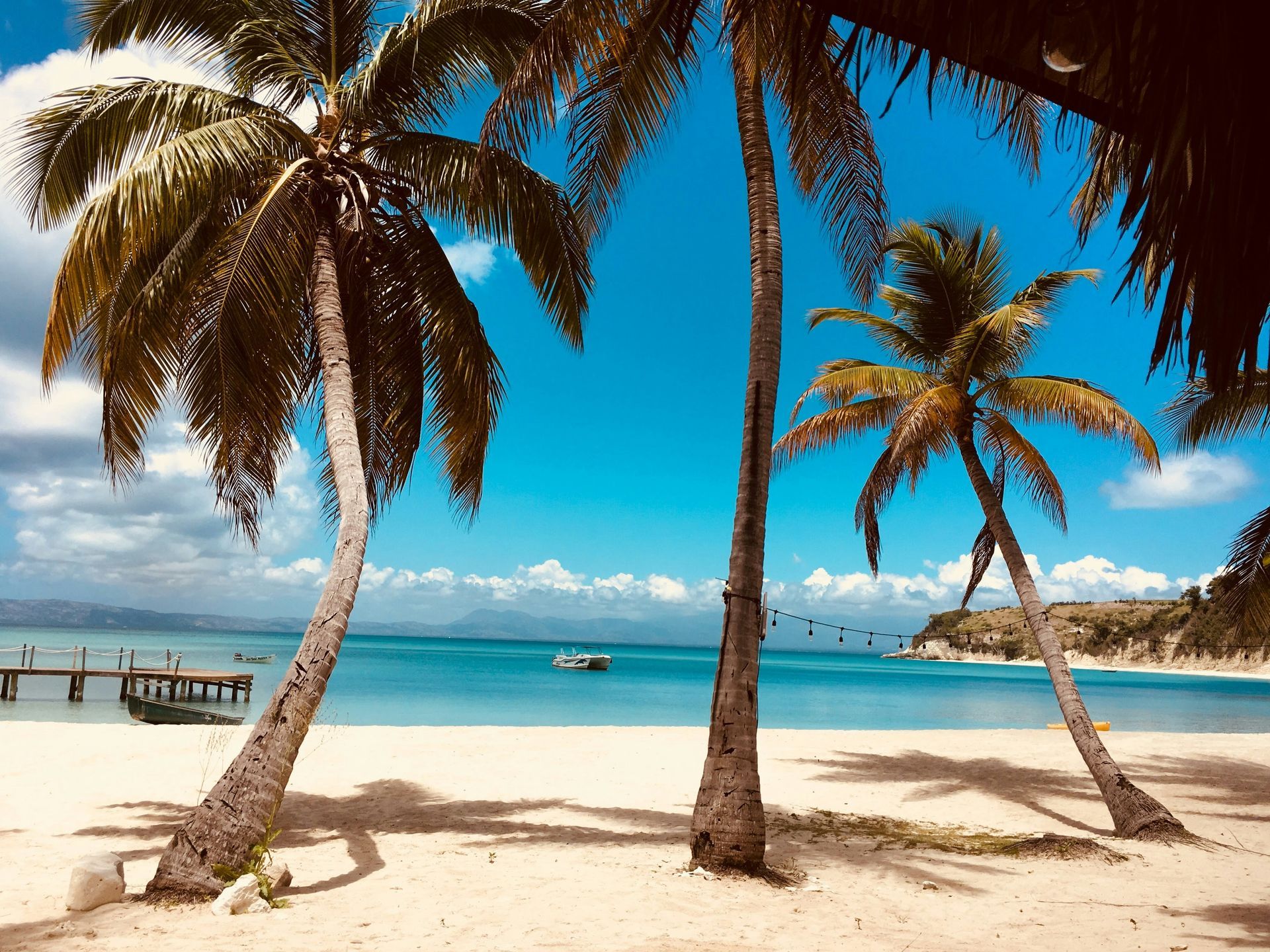 Tropical beach with palm trees, white sand, turquoise water, and a small dock under a blue sky