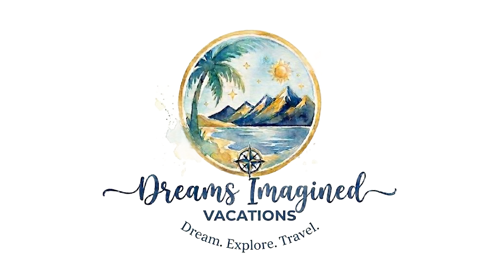 Dreams Imagine Vacations logo with tropical beach scene and palm tree, “Relax. Explore. Travel.”