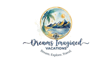 Dreams Imagine Vacations logo with tropical beach scene and palm tree, “Relax. Explore. Travel.”