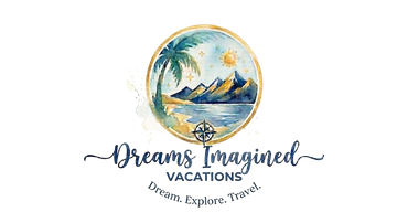 Dreams Imagine Vacations logo with tropical beach scene and palm tree, “Relax. Explore. Travel.”