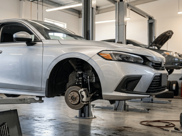 Silver Honda Civic on a lift with the front wheel removed for brake and suspension service