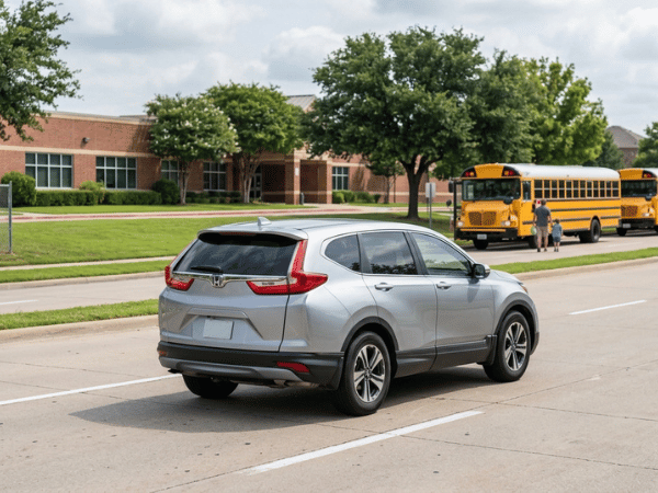 Silver Honda driving near a school with school buses in the background