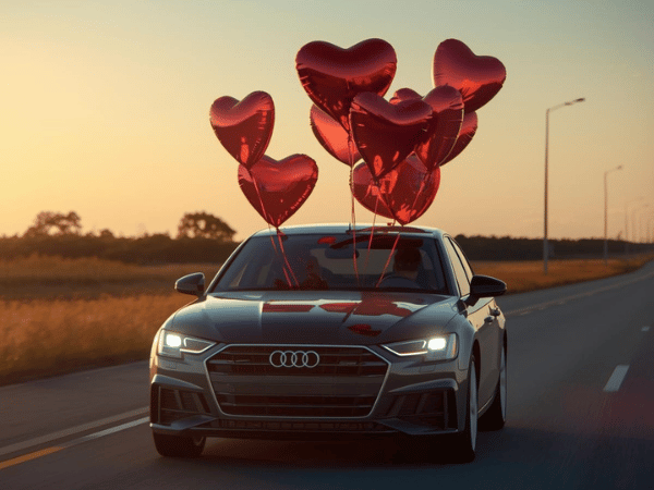 Audi sedan driving at sunset with red heart balloons tied to the roof on an open road during Valentine’s Day.