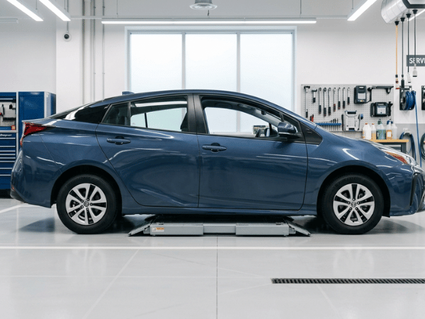Side profile of a blue Toyota Prius parked inside a modern auto repair shop