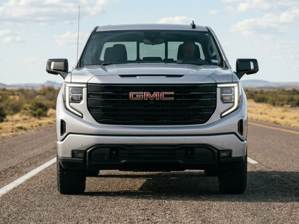 White GMC pickup truck parked on a desert highway with open landscape and clear skies in the background.