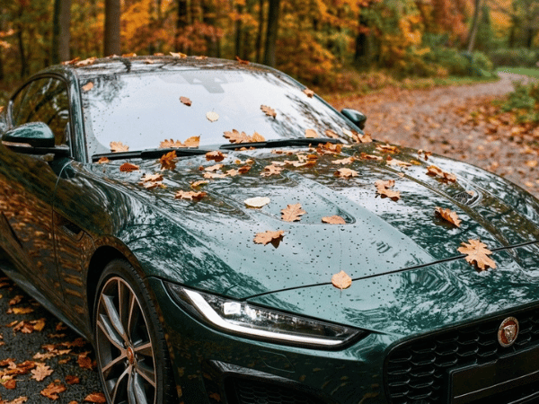 Dark green Jaguar sedan covered with fallen leaves on a wet autumn road