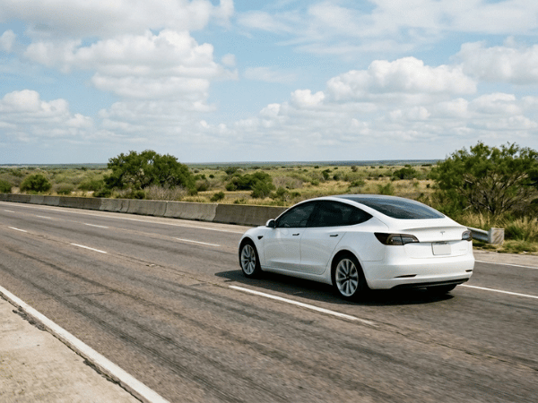 White Tesla sedan driving on an open North Texas highway with expansive countryside and cloudy skies in the background.