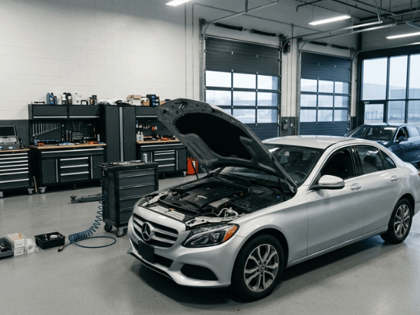 Silver Mercedes-Benz sedan inside a professional auto repair shop with the hood open