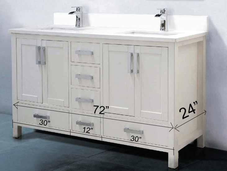A bathroom vanity with two sinks and measurements on it