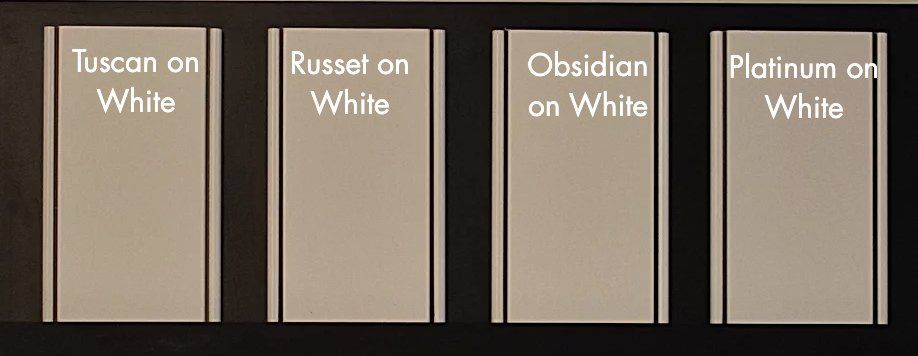 A row of cards with the words tuscan on white russel on white obsidian on white and platinum on white